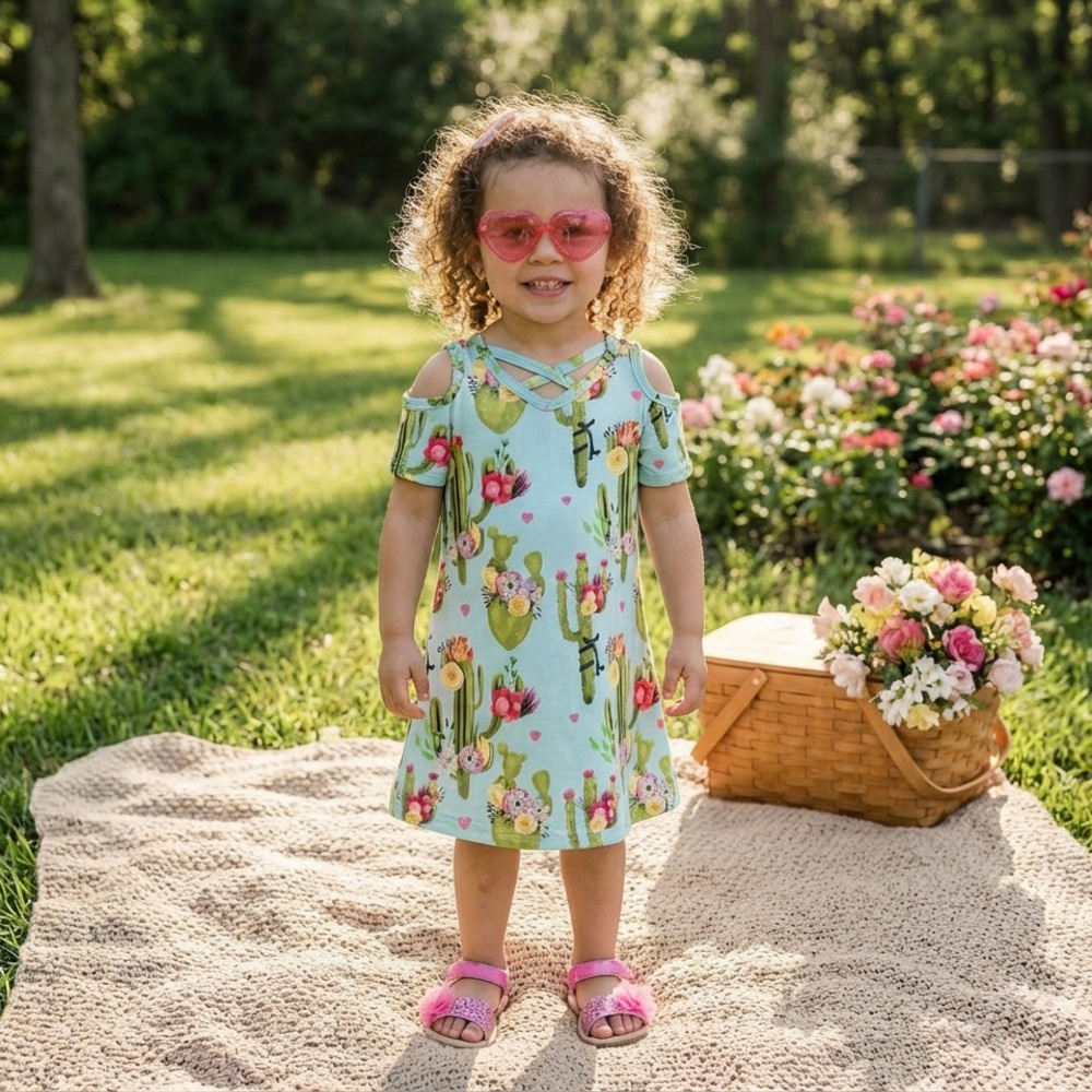 Cactus Cold Shoulder Dress, Girls 3t Western Summer Dress